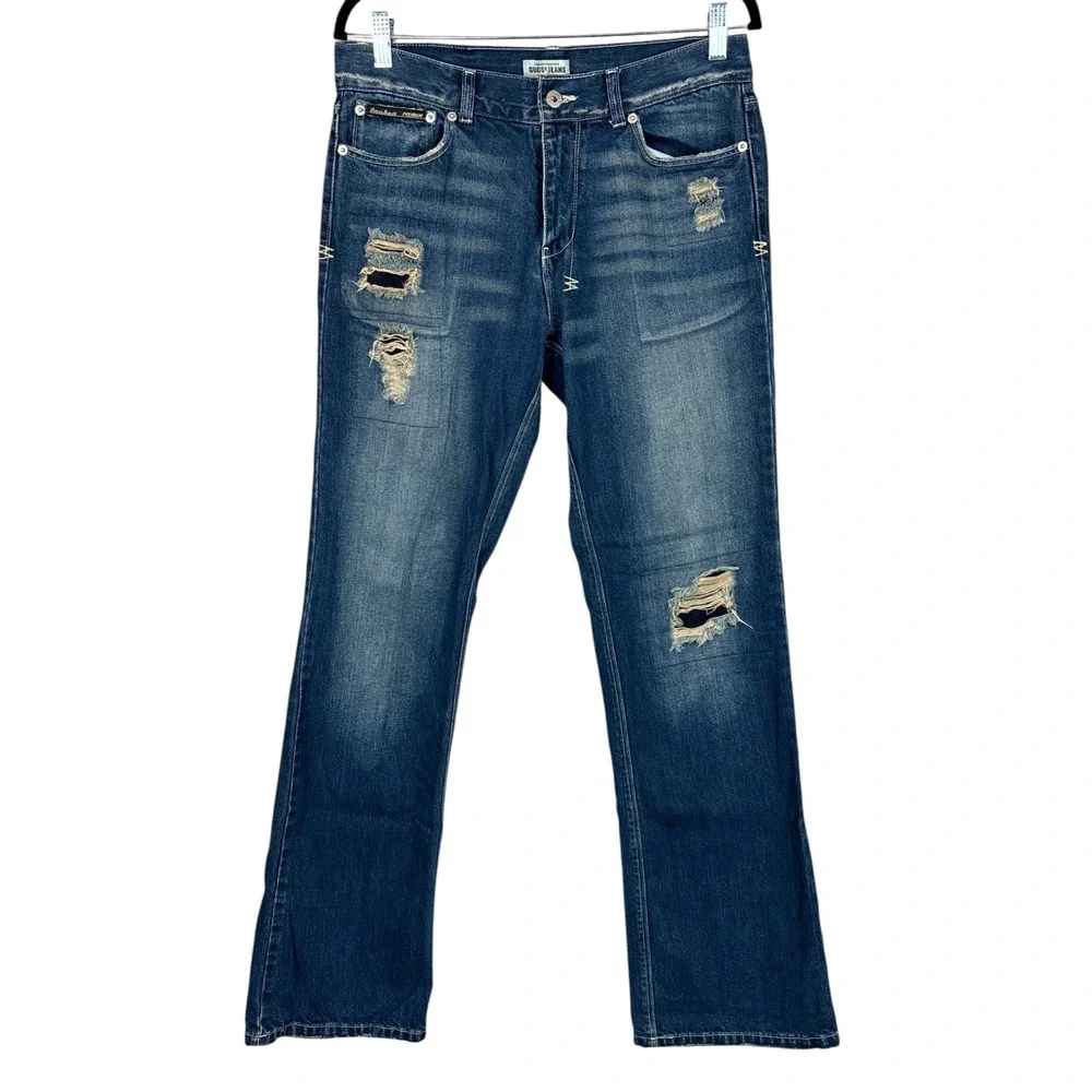 Vintage 90s Men's Guess Distressed Ripped Denim Straight Leg Jeans‎ 32/33